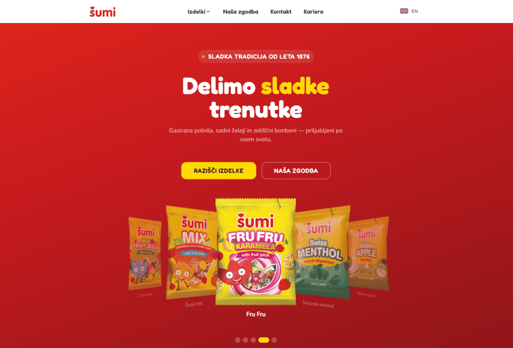 The Sumi homepage, with a red hero reading Delimo sladke trenutke above a row of Sumi sweet packets