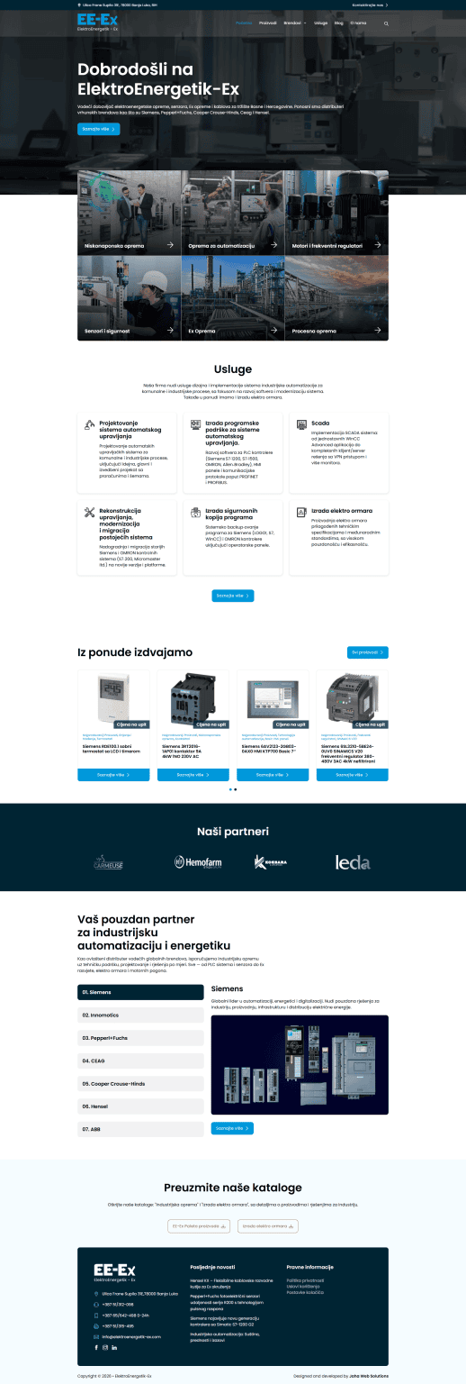 The ElektroEnergetik-Ex homepage, with industrial product category tiles, service cards and a strip of featured products