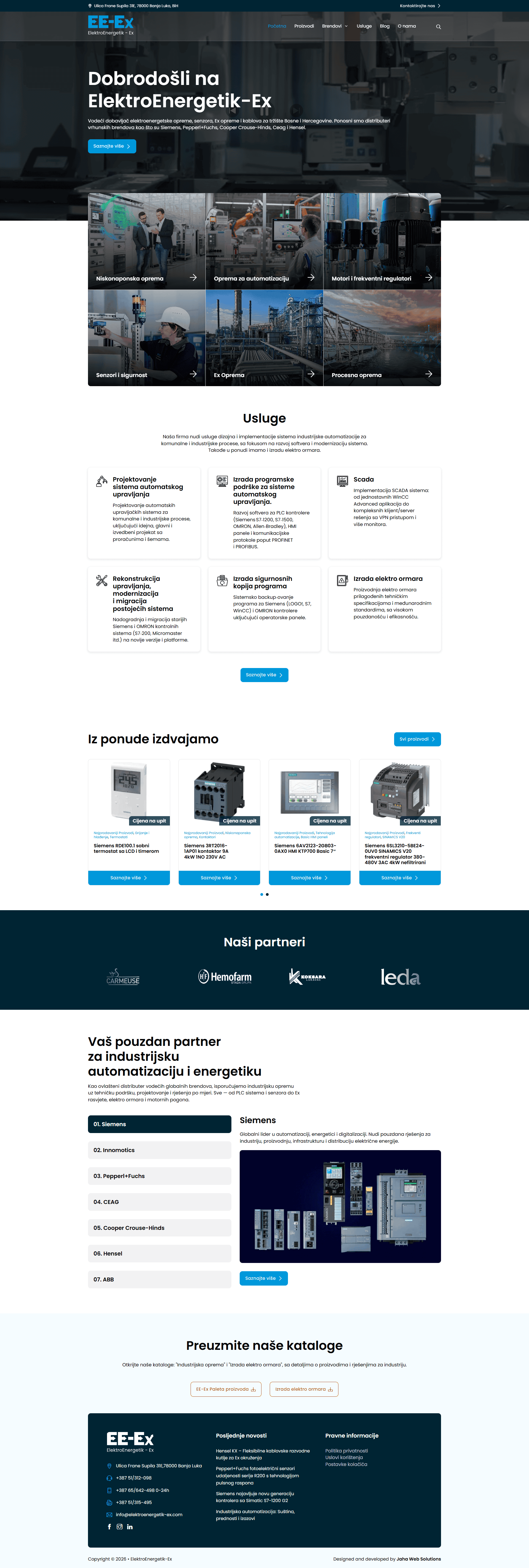 The ElektroEnergetik-Ex homepage, with industrial product category tiles, service cards and a strip of featured products