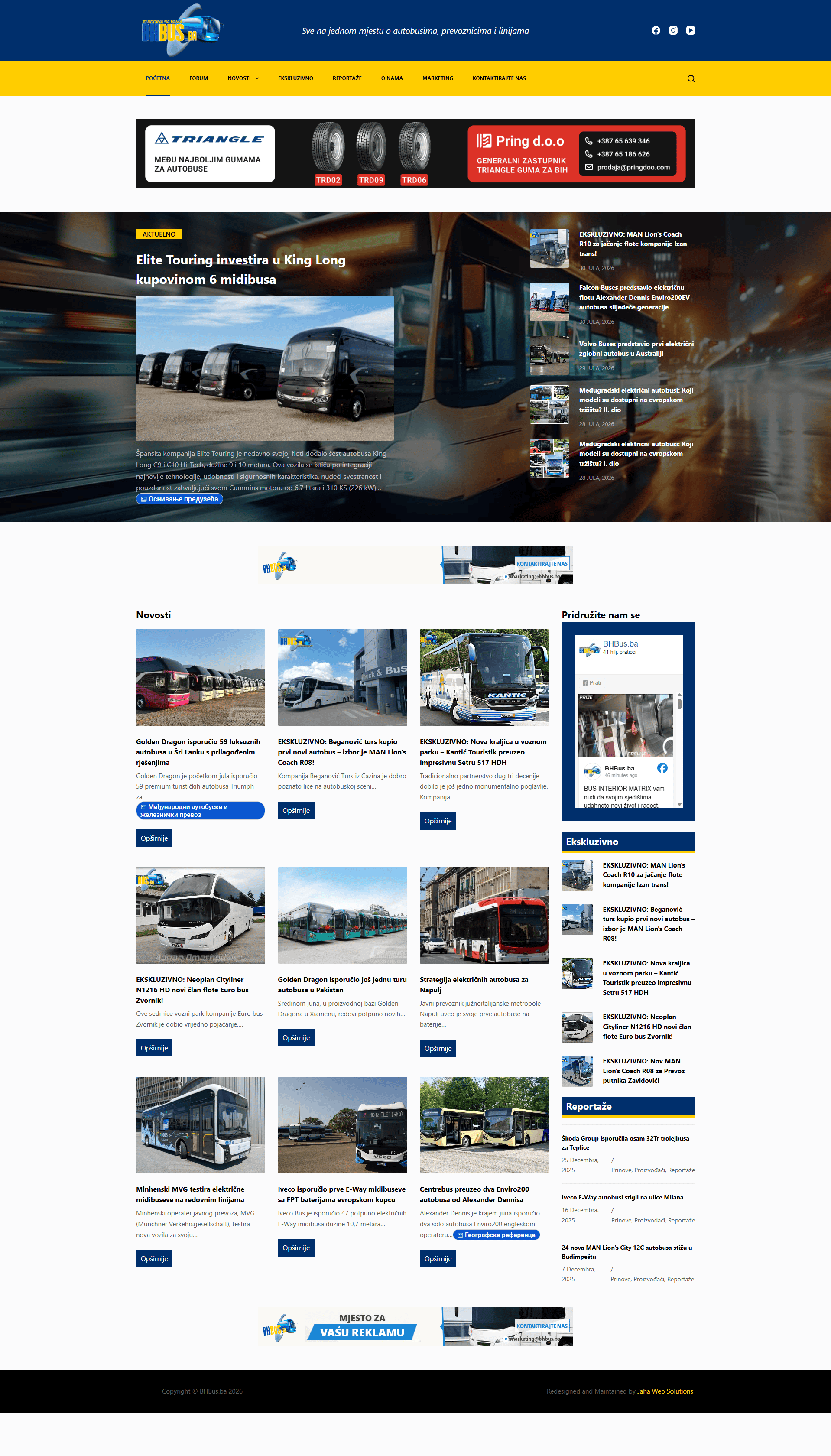 The BHBus homepage, a bus and coach news portal, with a featured story and a grid of news articles