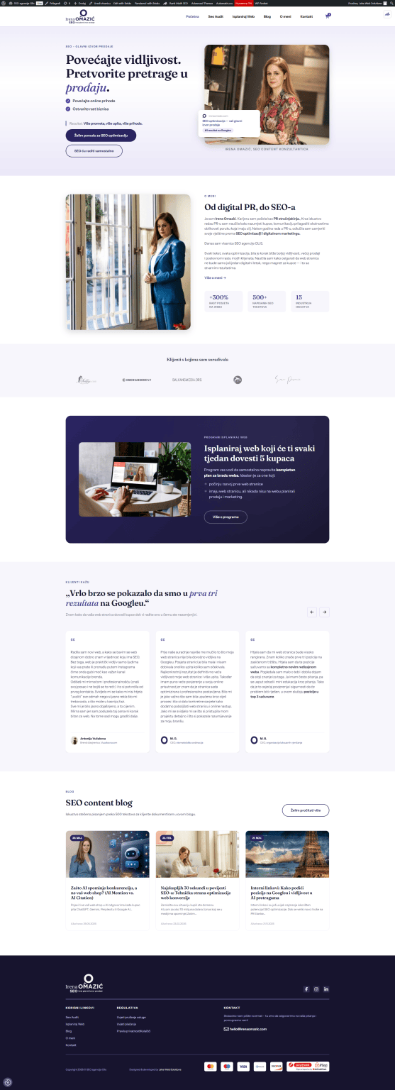 The Irena Omazic homepage, an SEO consultancy site with a portrait hero, results figures and a strip of blog posts