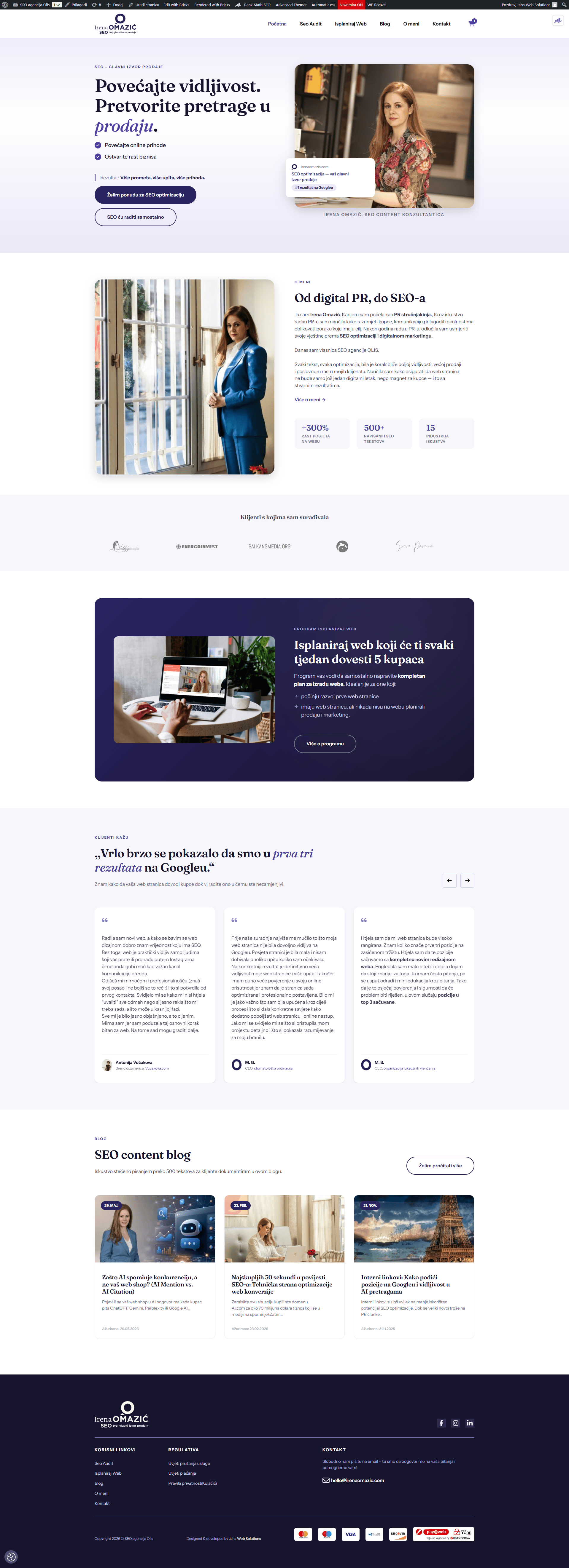 The Irena Omazic homepage, an SEO consultancy site with a portrait hero, results figures and a strip of blog posts